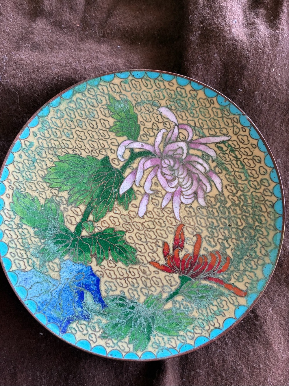 Decorative Cloisonné Floral Plate in Turquoise, Green, Pink